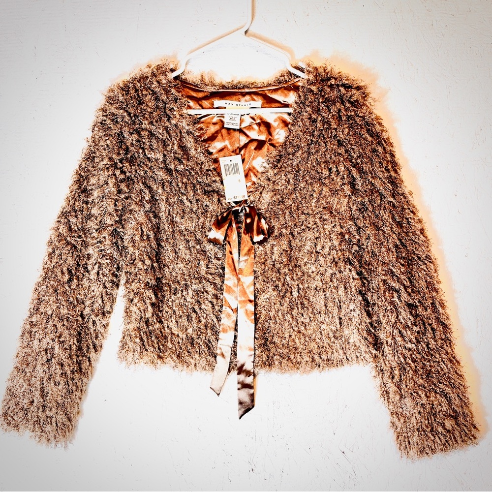 NWT Max Studio Womens Size S Faux Curly Lamb Fur Satin Tie Jacket Super Cute Tan